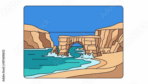 Coastal cliffs frame a natural stone archway with ocean waves crashing onto a sandy shore