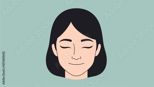 Serene young woman with closed eyes, relaxed facial expression, graphic illustration, calm environment, front view