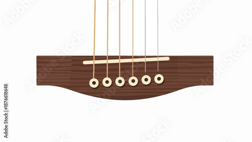 Close-up of an acoustic guitar bridge with six strings and bridge pins