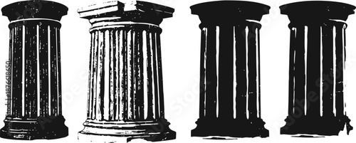 Ancient classical columns set with fluted shafts and weathered capitals in black and white silhouette