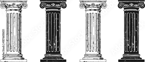 Classic antique corinthian columns set with ornate capitals and vertical fluted shafts in black and white design