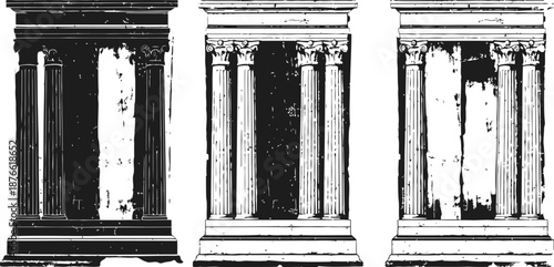 antique classical columns set with worn texture, vintage architectural elements in black and white