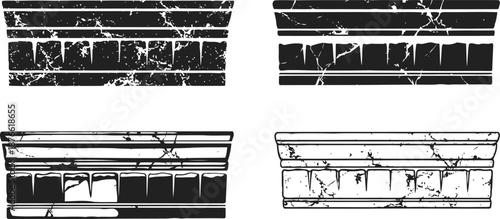 Set of cracked and weathered stone cornices and ledges in black and white vintage