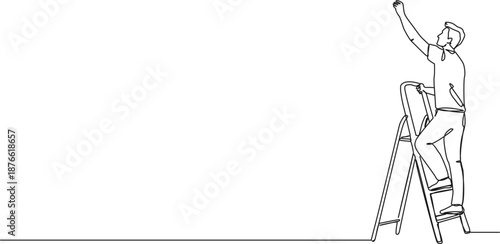 continuous line drawing of man standing on stepladder reaching up with arm, line art vector illustration