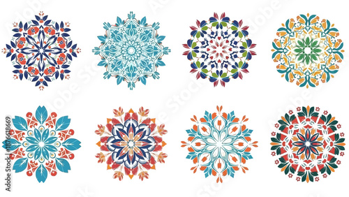 Collection of eight colorful floral mandalas on white background, decorative elements