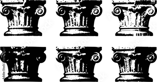 Ancient ionic greek column capitals, carved architectural elements with volute scrolls and fluted details