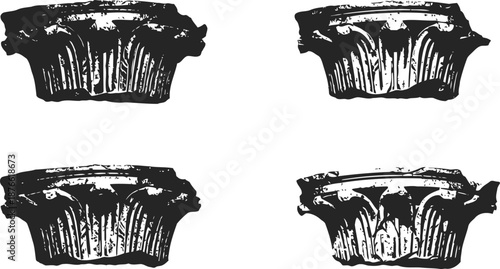 Four classical architectural capitals with carved details, vintage corinthian elements