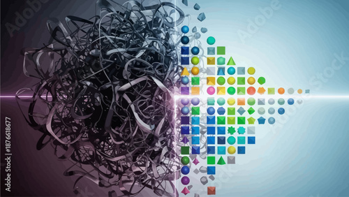 Disorganized black threads transforming into vibrant colored squares on a gradient background