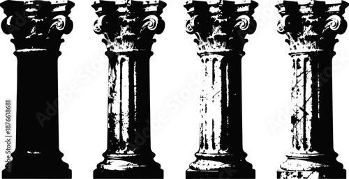 Classical greek corinthian columns set four antique architectural pillars with detailed capitals and aged texture