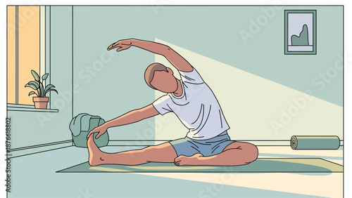Man stretching on yoga mat in a serene room with natural light