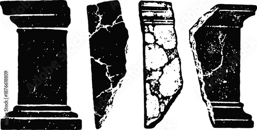 Ancient broken stone columns with cracks and damage isolated on white background