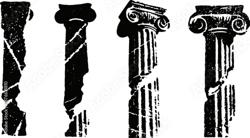 set of four classical ancient greek columns with different capital styles black vintage silhouettes