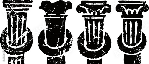 four distressed ancient greek column capitals in black and white vintage