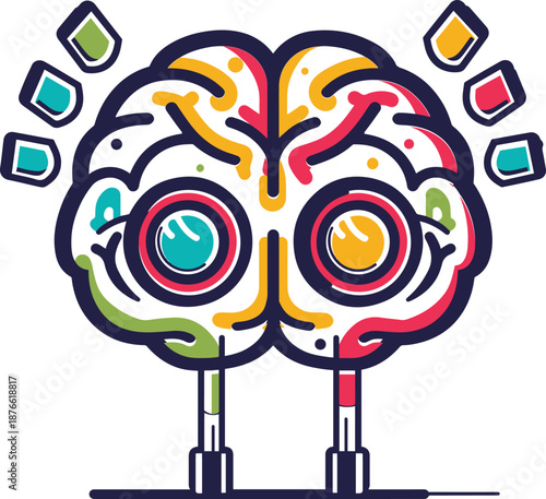 Creative brain character with glasses and colorful segments representing intelligence and innovation