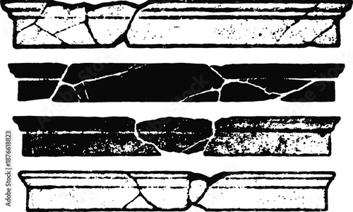 ancient damaged stone architectural molding fragments with cracks and weathered texture