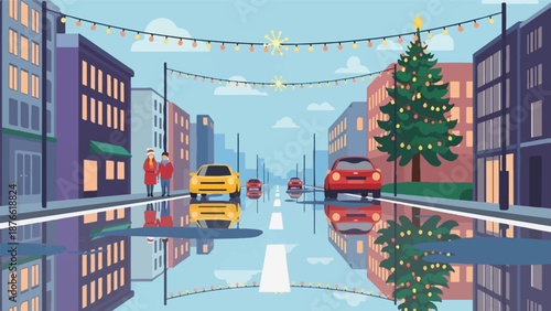 City street decorated for holidays with cars, people, and a Christmas tree