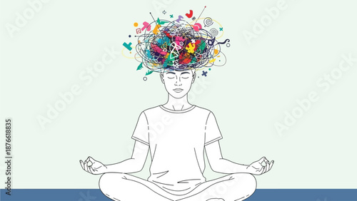 A person meditating with vibrant abstract thoughts emanating from their mind in a serene environment