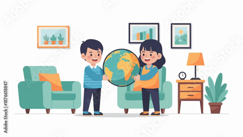 Children share a globe indoors, with chairs, a lamp, and plants nearby