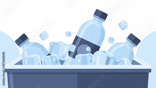 Chilled bottled drinks in ice cubes inside a dark cooler, refreshing presentation