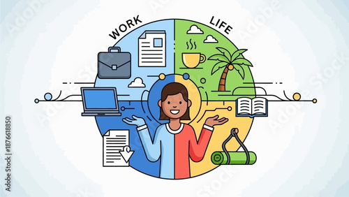 A woman balances work and life surrounded by various tasks and leisure activities in a vibrant, circular composition.