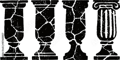 Cracked textured ancient roman columns and pillars silhouette set in black and white design