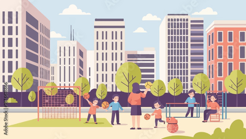 Children play soccer with a coach in an urban park with trees and buildings