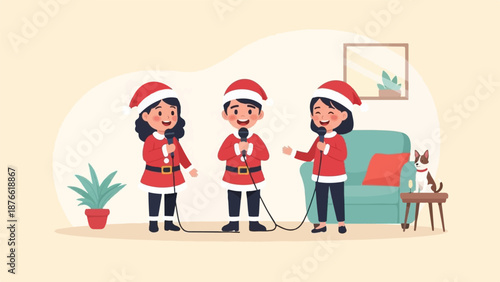 Children in festive attire sing carols at home with a pet dog nearby