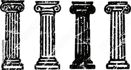 set of four distressed classical ancient greek columns in black silhouette with different base and capital styles