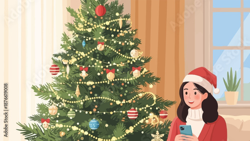 Cheerful person in a Santa hat checks their phone next to a decorated Christmas tree