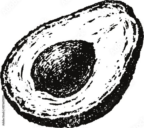 Half avocado black and white illustration showing seed and textured flesh detail