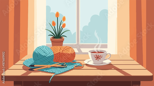 Cozy knitting scene with yarn, needles, hot drink, and potted tulips by a window