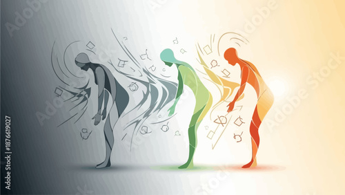 Three human figures in different colors bending over, surrounded by motion lines and abstract shapes on a gradient background