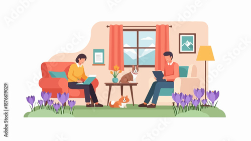 Couple working remotely from home with pets and flowers outside