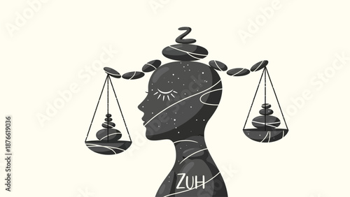 A serene illustration of a woman balancing spirituality and materialism on a scale