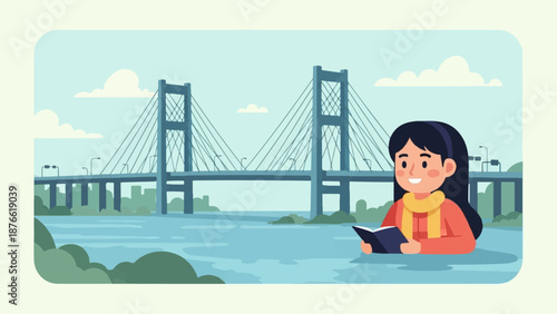 Cheerful girl reads a book near a large suspension bridge over calm water