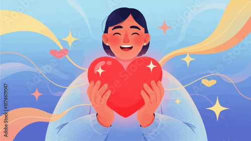 A smiling woman holding a red heart surrounded by sparkling stars and vibrant colors