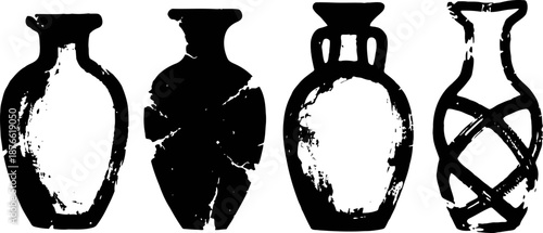 Four ancient pottery silhouettes in black and white with different shapes and decorative details