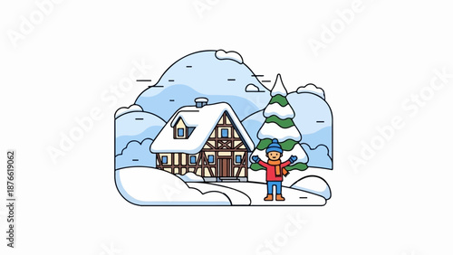Cheerful child in winter attire celebrates near a snow-covered house and pine tree