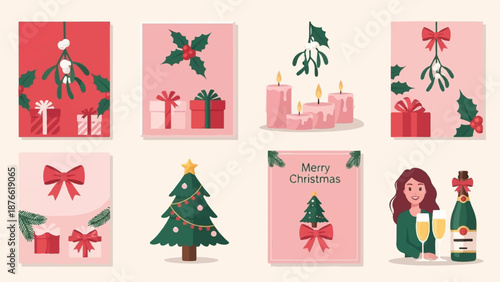 Cheerful Christmas illustrations featuring gifts, mistletoe, candles, a tree, and a festive woman with champagne