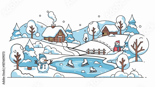Charming snowy village scene with a snowman, skating pond, and cozy log cabins
