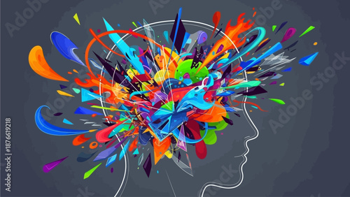 Vibrant explosion of creativity and imagination bursting from a human head