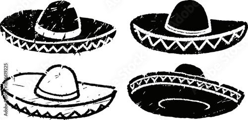 Four traditional mexican sombreros with decorative patterns in black and white
