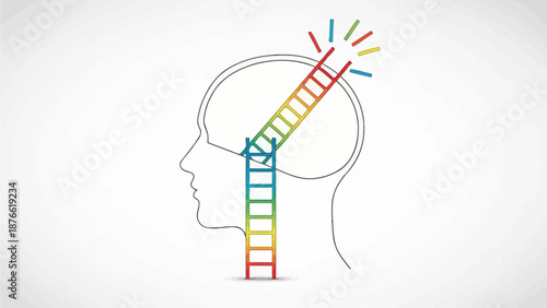 A person's mind is illuminated by a ladder of colorful light representing ideas and creativity