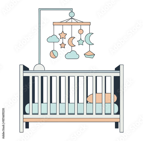 Sweet nursery scene featuring a pastel colored baby crib with a charming hanging mobile perfect for childrens room decor and product packaging