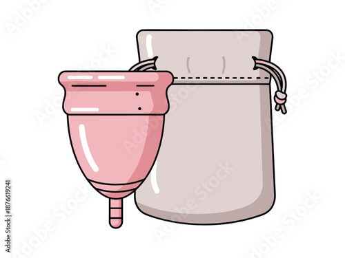 A modern graphic displaying a pink reusable menstrual cup accompanied by a beige fabric drawstring pouch, ideal for promoting feminine hygiene, sustainable period care, and womens wellness