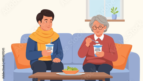 Couple enjoys healthy Greek yogurt while relaxing on a couch