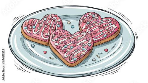 Appetizing heart shaped cookies topped with sweet pink icing white drizzle and colorful sprinkles on a plate perfect for holiday desserts or romantic confectionery promotions
