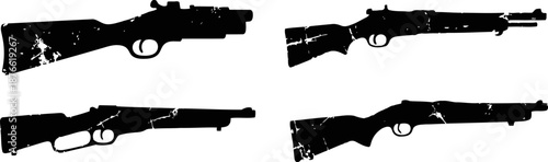 Grunge silhouette rifles collection in various styles and positions with distressed texture