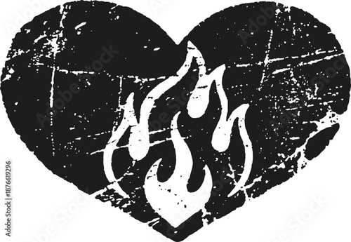Grunge heart with fire flame icon, distressed love symbol with burning effect design