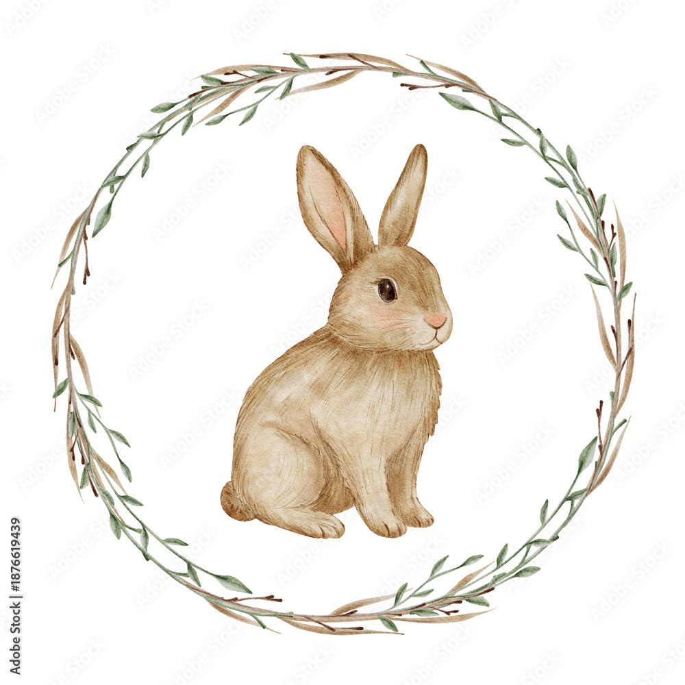Obraz premium Soft watercolor bunny in a spring leaves wreath. Easter rabbit illustration with green foliage circle. Cute brown hare art for garden holiday cards.